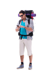 Backpacker with large backpack isolated on white