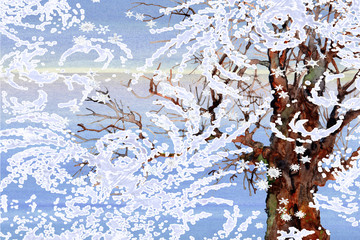 watercolor background landscape snowy day tree and sky - 220017686