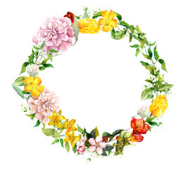 Floral wreath - blooming flowers, field grass. Watercolor round border