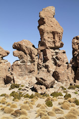 Striking rock formations in the salt flats of Uyuni, Bolivia