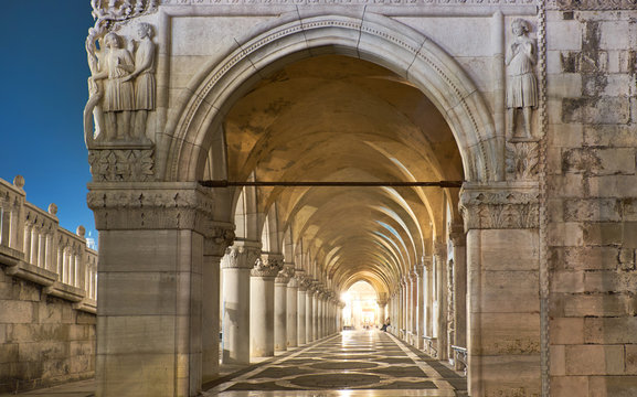 Ancient arches of Doge's Palace on St. Marc Square in Venice, Italy