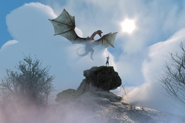 Obraz premium 3D ilustracja rycerza walczącego ze smokiem, smok kontra człowiek