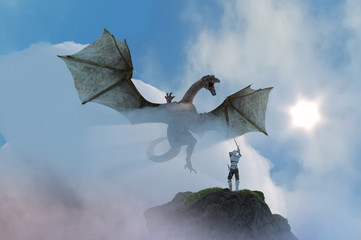 Naklejka premium 3D ilustracja rycerza walczącego smoka, smok versus mężczyzna