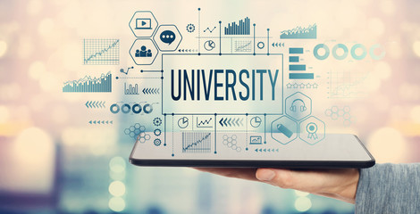 University with man holding a tablet computer