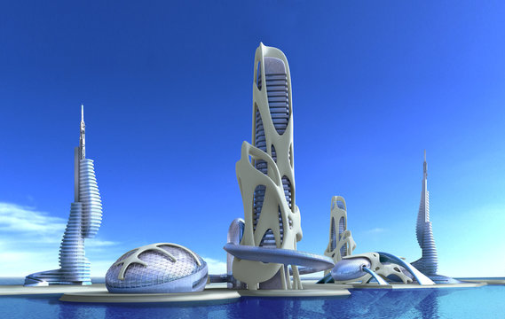 Futuristic city architecture for fantasy and science fiction illustrations..
