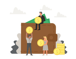 People store and collect money invest. Big wallet with small business men around it. concept of online payments, open purse with coins.