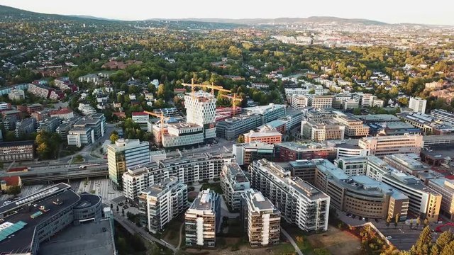 Aerial footage of Skoyen urban area in Oslo, Norway