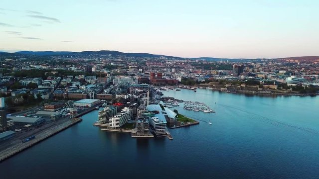 Night aerial view on Aker Brygge and Filipstad urban areas in Oslo, Norway