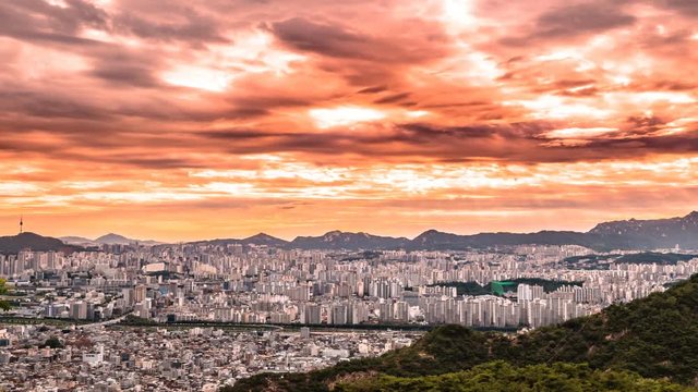 South korea, Seoul shoot of a beautiful sunset Time lapse. Zoom in