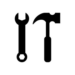 Wrench and hammer silhouette black icons. Wrench and hammer hardware tools icon set.