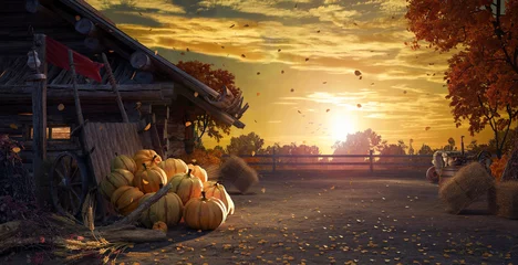 Fotobehang Fall in backyard with leaves falling from trees and pumpkins, autumn background 3D Rendering © hd3dsh
