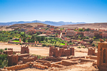 Aerial view on Kasbah Ait Ben Haddou and desert near Atlas Mountains, Morocco
