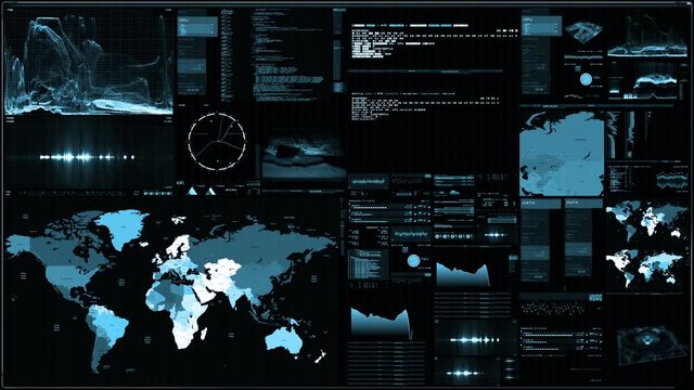 Futuristic digital interface screen. Streaming and flashing computer interface with map, satellite images and network status, levels and spectrum of signals, Extremely detailed. geopolitical situation