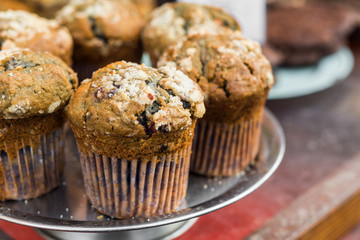 Close up photo of blueberry and vanilla muffins pastry dessert cake sweet at a street food market