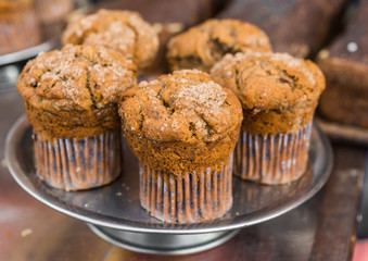 Close up photo of blueberry and vanilla muffins pastry dessert cake sweet at a street food market