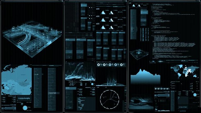 Futuristic digital interface screen. Streaming and flashing computer interface with map, satellite images and network status, levels and spectrum of signals, Extremely detailed. geopolitical situation