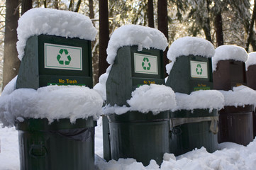Snow covered recycling bins support ecotourism in Yosemite National Park.