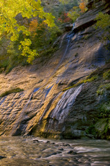 The Virgin River flows along the bottom of a chasm in Zion Nation Park, UT.