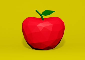 low poly apple isolated on yellow background, 3D illustration