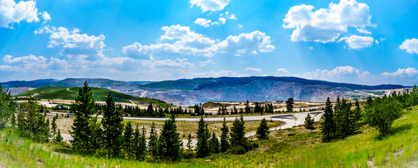 The terraced hillside of the Highland Valley Copper Mine, the largest open pit copper mine in Canada