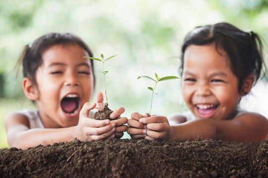 Two cute asian child girls planting young tree on black soil together with fun