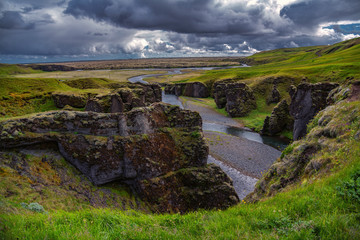 Scenic View of Fjadrargljufur Canyon in South Iceland summer.