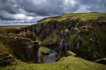 Scenic View of Fjadrargljufur Canyon in South Iceland summer.