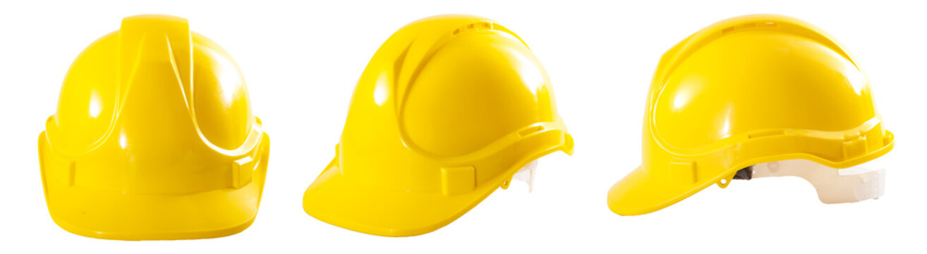 Industrial workers or construction site safety equipment concept with a multiple angle image of a yellow hard hat isolated on white background with a clipping path cutout