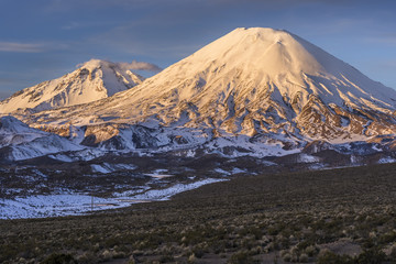 The great "Nevados de Payachatas" with the Pomerape and Parinacota Volcanoes, left and right respectively over the Atacama desert meadows during sunset an amazing colorful landscape, Arica, Chile