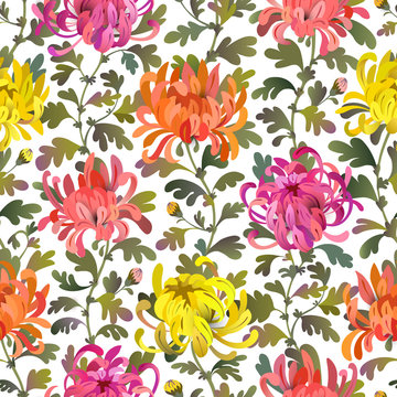 Seamless pattern with chrysanthemum flowers and leaves. Colorful floral background design.