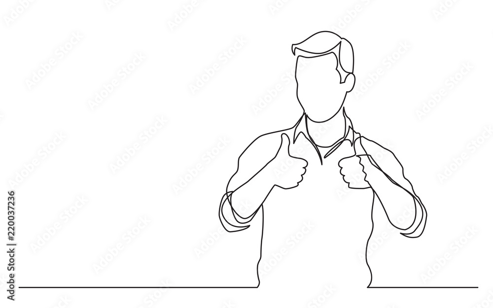 Poster continuous line drawing of standing man showing thumb up gesture