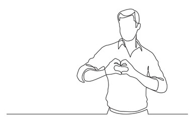 continuous line drawing of standing man showing love sign