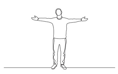 continuous line drawing of standing man spreading arms