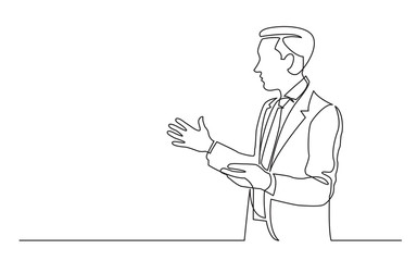 continuous line drawing of standing businessman showing with his hands