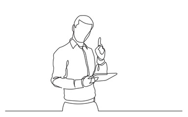 continuous line drawing of standing man with tablet pointing finger