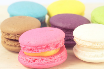 Close up of colorful macaroon sweet desset.