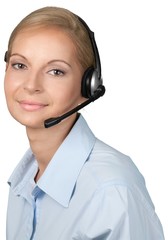 Female customer service representative wearing a headset