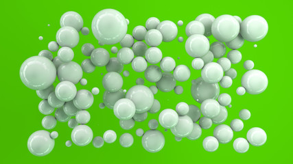 White spheres of random size on green background