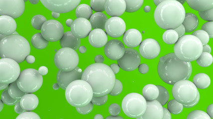 White spheres of random size on green background