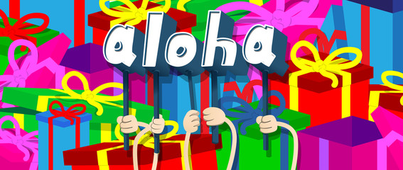 Diverse hands holding letters of the alphabet created the word Aloha (Hello in Hawaii). Vector illustration.