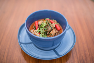 Thai food, Pha Naeng Moo, pork cook with red curry powder and coconut milk