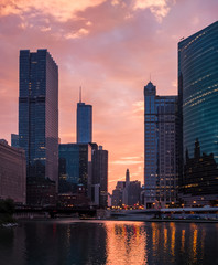 Fototapeta na wymiar The Chicago River. Downtown, Chicago, USA. Morning cityscape, sunrise. Portrait.
