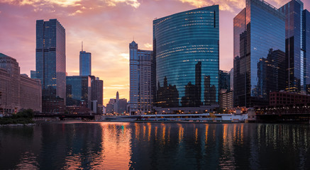 The Chicago River. Downtown, Chicago, USA. Morning cityscape, sunrise. Panorama.