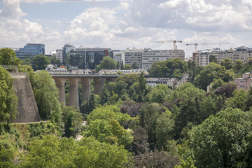 View of the city and the bridge Passerelle in the center of Luxembourg