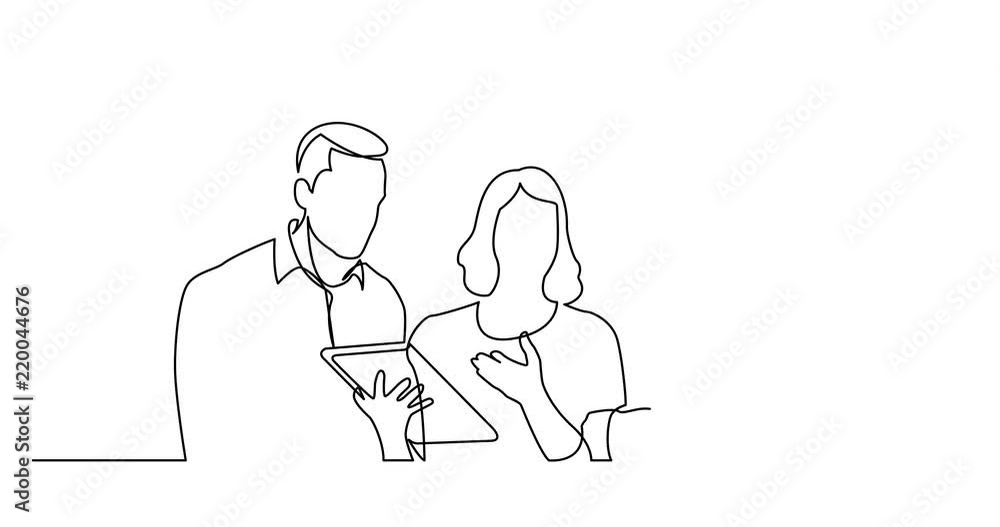 Poster animation of continuous line drawing of team discussing work task