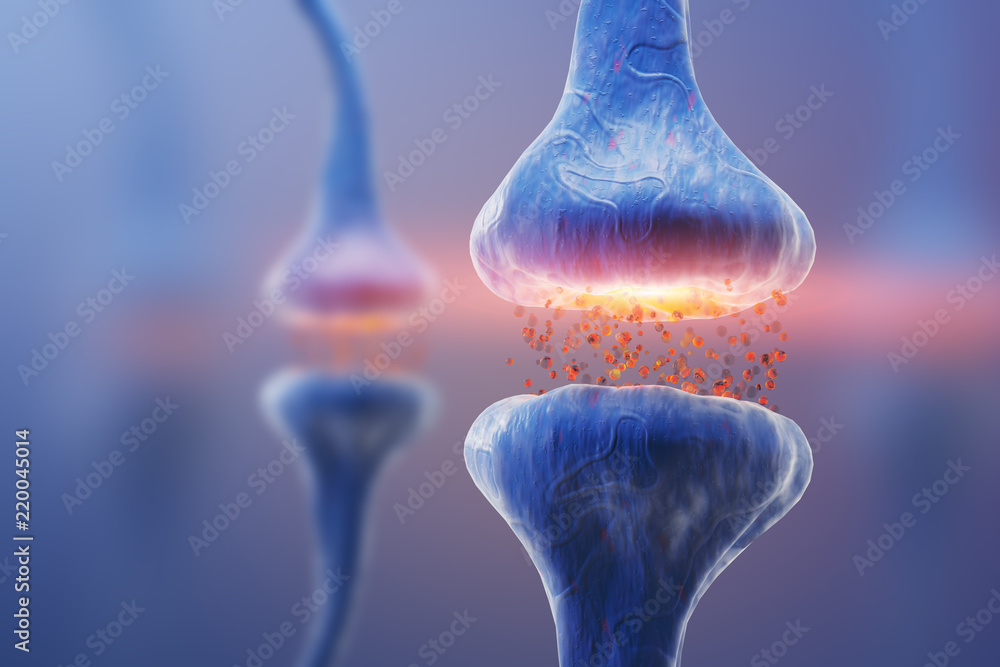 Poster blue synapse and neuron on a blue background. 3d rendering