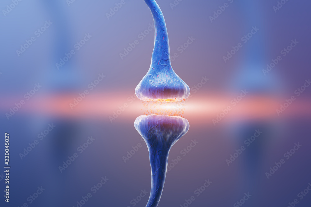 Poster blue synapse and neuron in the human nervous system. 3d rendering
