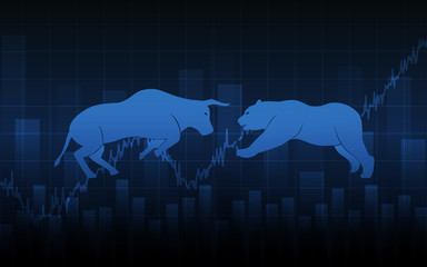 Abstract financial chart with bulls and bear in stock market on blue color background