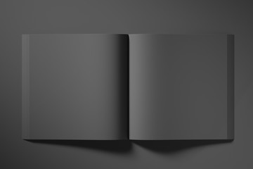 Blank square black book unfolded on dark textured background. Top view. Mock up. 3d rendering