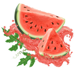 Watermelon slice, round, juice. Fresh fruit. 3d realism, object. Isolated, on white background. Delicious dessert. Healthy food, veggie.